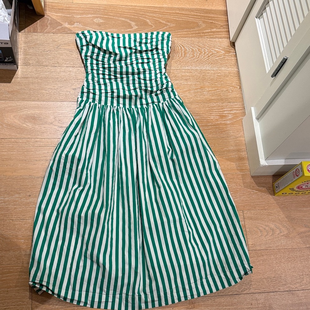 Rhode Green and White Stripe Strapless Midi Dress (drop waist)